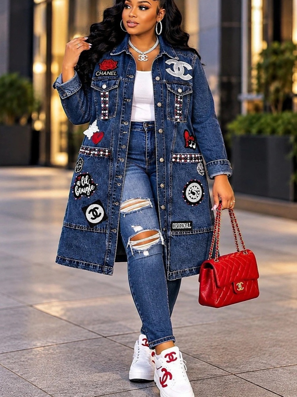 Upcycled Embellished Denim Duster Coat Size Medium - Picture 1 of 5